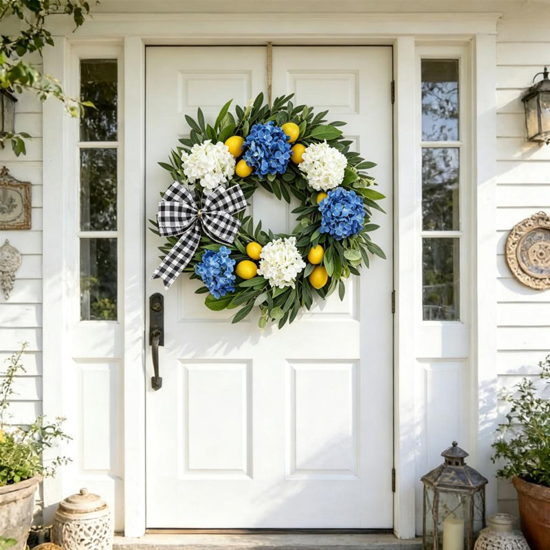 19.7" Artificial Lemon & Hydrangea Flower Wreath, Front Door Hanging Decor for Home, Wall & Window