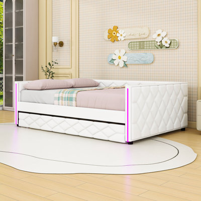Full XL Upholstered Daybed with Trundle and LED Armrests