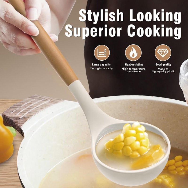 Cream White Silicone Cooking Utensils Set with Wooden Handles