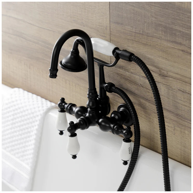 Kingston Brass Aqua Vintage Three-Handle 2-Hole Tub Wall Mount Clawfoot Tub Faucet with Hand Shower, Oil Rubbed Bronze