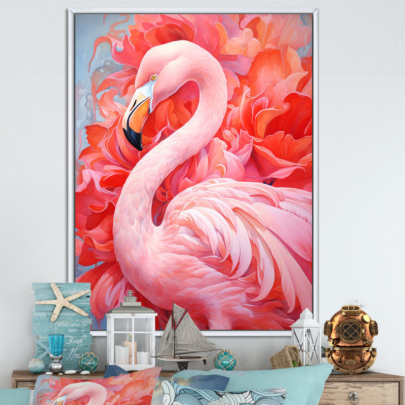 «Pink Flamingo Haven II», reproduction sur toile encadrée, Cadre flottant blanc, H 32 po x l 24 po x P 1 po