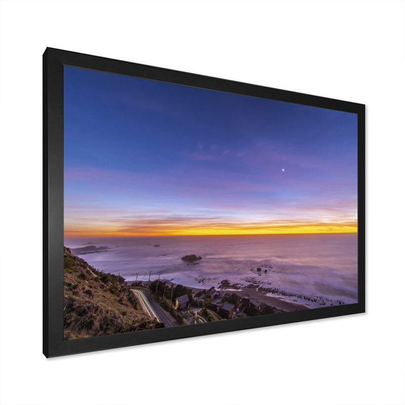 Sunset Over South American Beach - Nautical & Coastal Canvas Wall Art Print, Black Closed Corner Frame, 12" H x 20" W