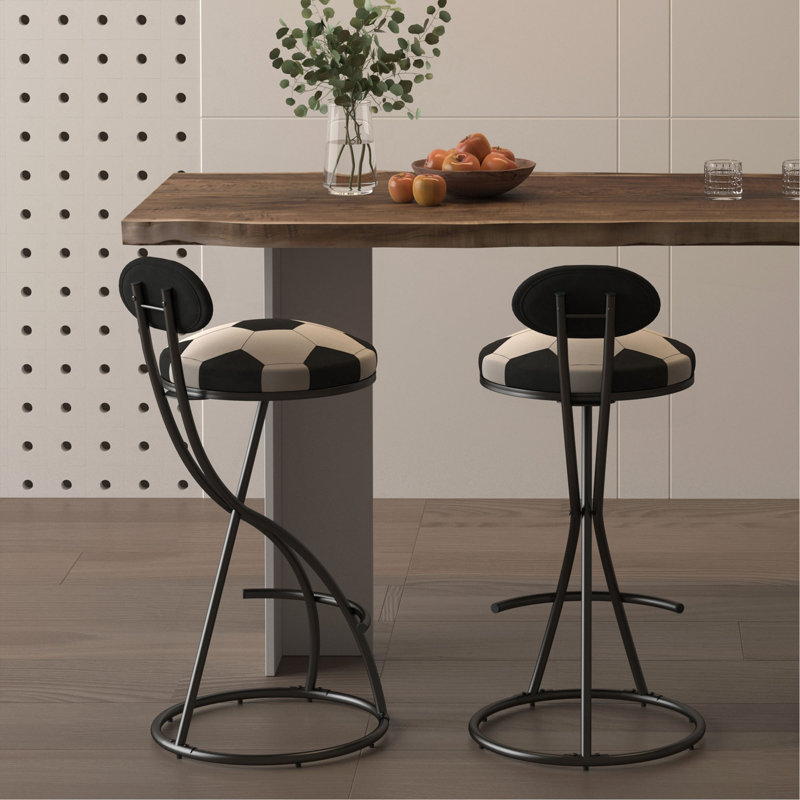 Upholstered S-Shaped Barstools Set Of 2 Velvet Counter Bar Stools Football Print Round Dining Stool For Kitchen & Living Room (Black Frame & Black Back)