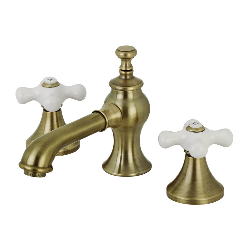 Kingston Brass Vintage Two-Handle 3-Hole Deck Mount Widespread Bathroom Faucet with Brass Pop-Up Drain, Vintage Brass
