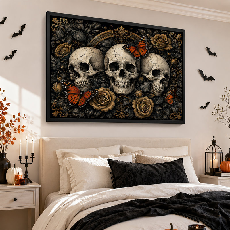 Trois crânes craquelés avec des roses dorées et une toile d'Halloween, H 16 po x l 24 po