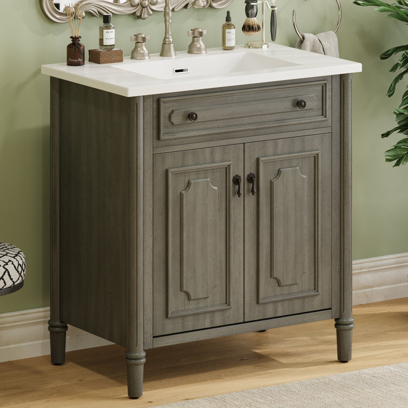 Meuble-lavabo vintage 31 po avec lavabo, armoire de salle de bain rustique avec portes à fermeture en douceur et tablette réglable, conception à profil courbé, pieds en bois d'hévéa