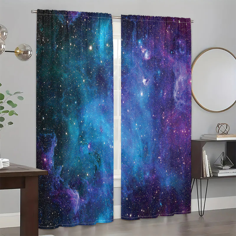 2Pcs Galaxy Nebula Stars Space Universe Curtains Cosmic Blue Purple Print Rod Pocket Drapes Thermal Insulated Window Treatment Panels for Living Room Bedroom Home Decor