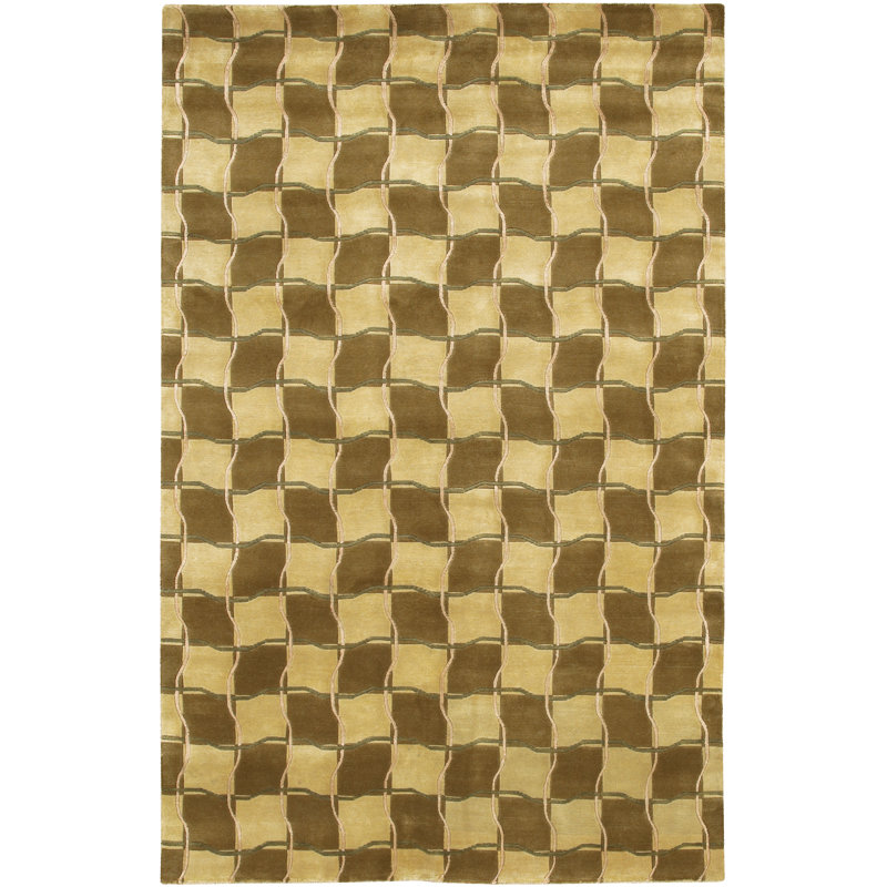 Tapis à motif géométrique en laine noué à la main brun, brun clair, jaune et vert Caines, Rectangulaire 2 pi x 3 pi