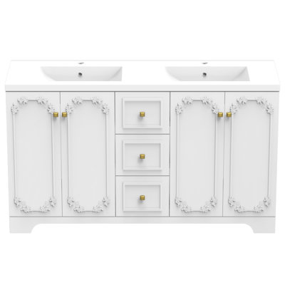 Armoire de salle de bain blanche sculptée de style français de 60 po, armoire de rangement abondante, 4 portes à fermeture douce et 3 tiroirs