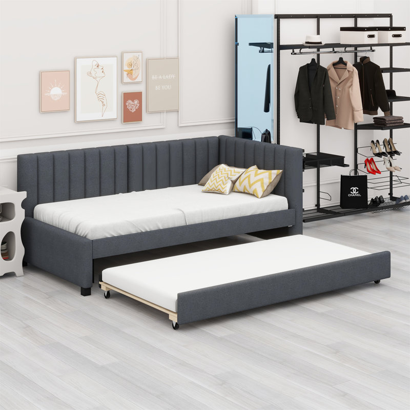 Upholstered Daybed With Trundle, Gray