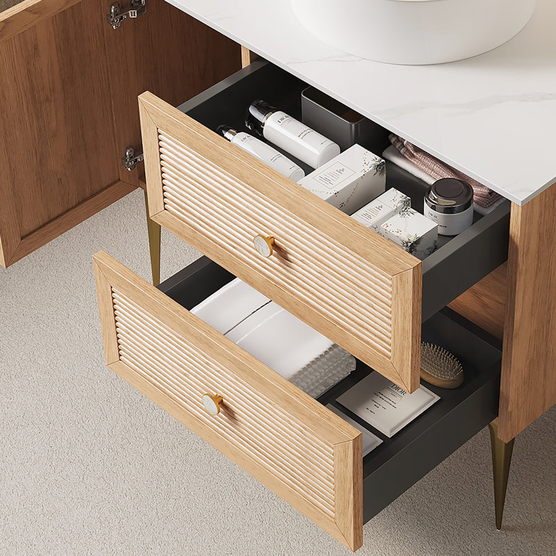 Armoire de salle de bain autoportante 36 po avec comptoir en pierre frittée blanc de Carrare, deux tiroirs et une porte (PAS de lavabo)