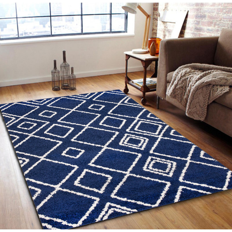 Tapis bleu à motif géométrique, Rectangle 6 pi 7 po x 9 pi 2 po