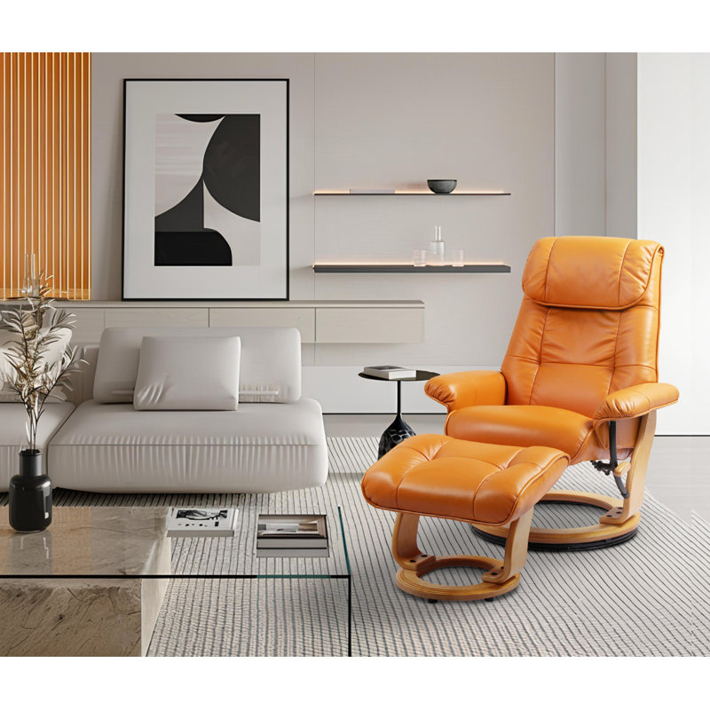 Beaucet 31.5" Wide Genuine Leather Swivel Recliner with Ottoman, Orange Genuine Leather
