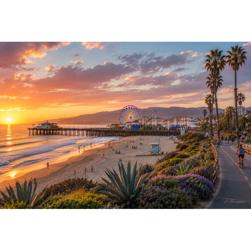 «Santa Monica Pier», reproduction d'art sur toile tendue au coucher du soleil, 40" W x 30" H x 1.5" D