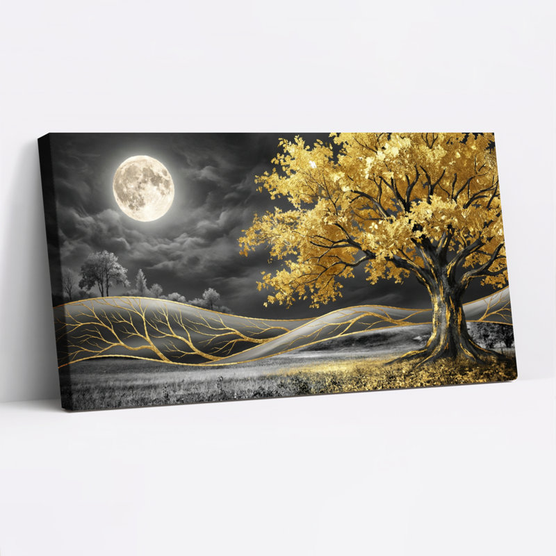 Ensemble de 1 tableau sur toile tendue représentant un paysage d'arbre doré et de lune, H 12 po x l 36 po