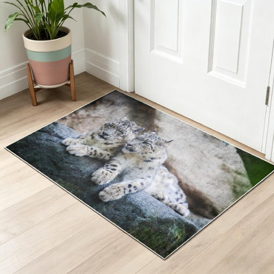 Tapis d'intérieur blanc lavable à la machine léopard des neiges avec pierre transparente