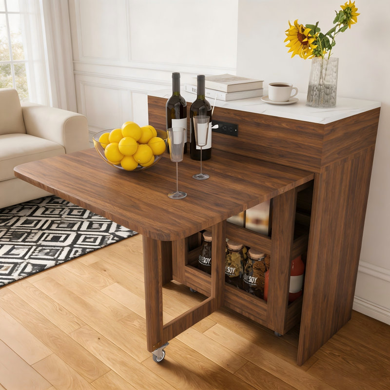 74" Extendable Dining Table with Power Socket, Storage & Lockable Casters, Walnut, Walnut