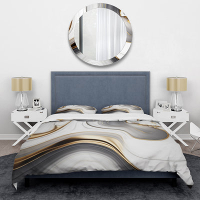 Abstract Geode Marble Waves Grey I - Modern Duvet Cover Set - Microfiber Polyester