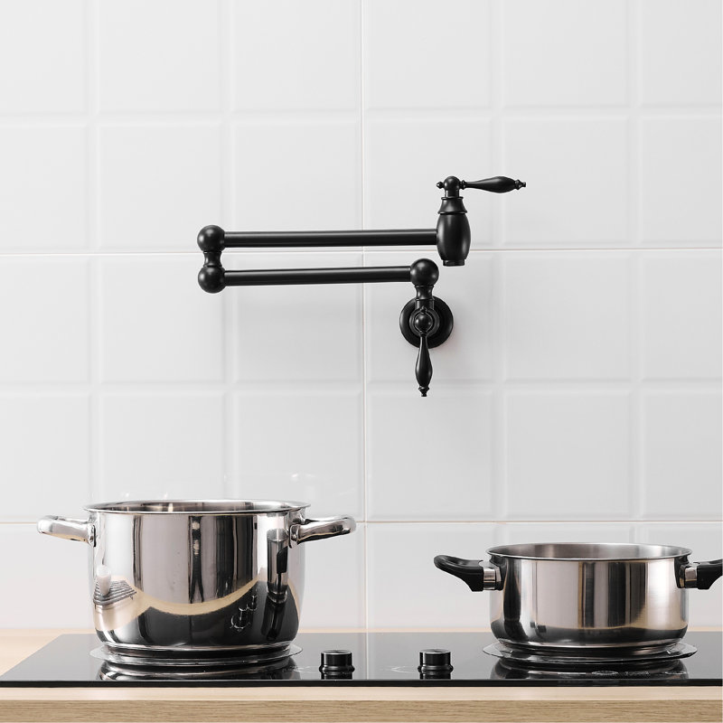 Wall Mounted Pot Filler Faucet, Brass Kitchen Faucet With Double Joint Swing Arms, Matte Black, Classic Style, Safe And Smooth, Leak - , Ceramic Valves Nickel Finish, Stretchable 360 Rotation, Dual
