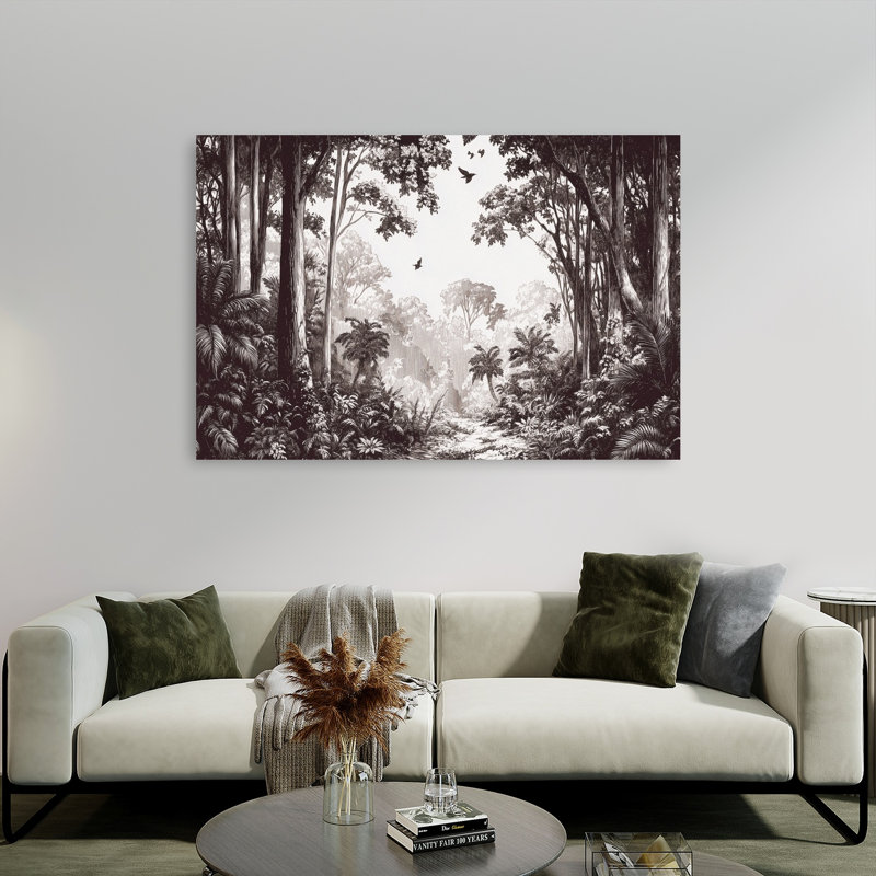 «Serene Jungle Path Serene Abstract Bird Forest Landscape», reproduction d'art murale, 40" H x 60" W