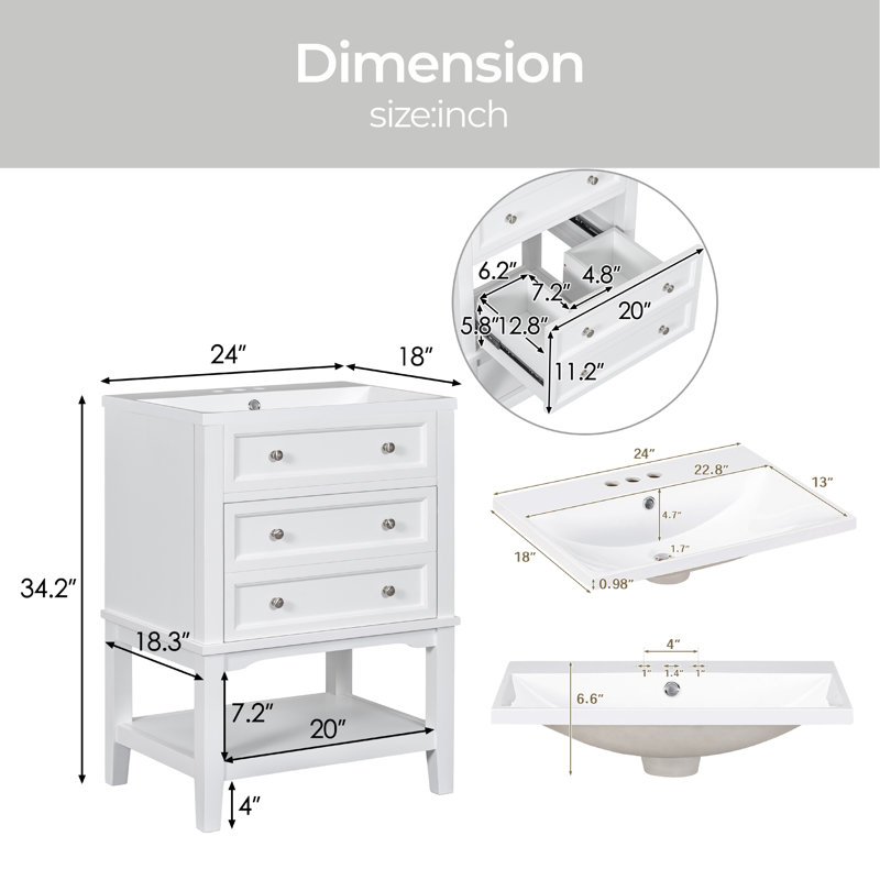 Meuble-lavabo autoportant simple 24 po avec plateau en céramique Kymberly
