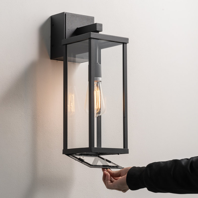 Classic 18'' H 1-Light Outdoor Wall Sconce with Built-in GFCI Outlet, Black Rectangular Metal Frame with Clear Glass Shade, Weatherproof