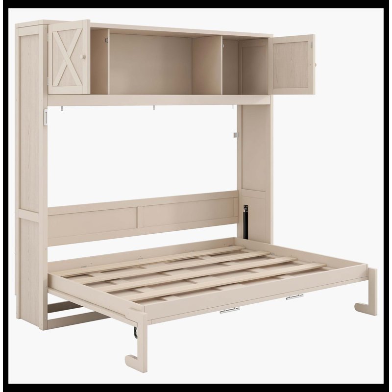 Grand lit escamotable beige avec armoires de rangement attachées, Beige