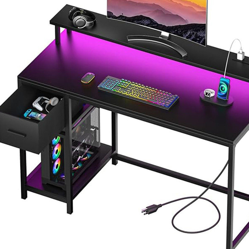 Gaming Desk 47 Inch with LED Lights and Monitor Stand for Small Spaces, Office Desk with Power Outlets, Black