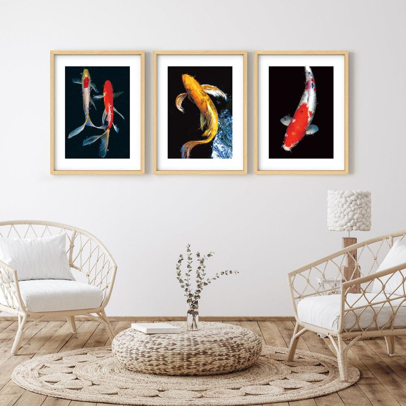 Ensemble de reproductions d'art encadrées, Koi, H 14 po x l 11 po, Naturel
