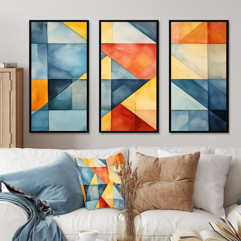 Mid-Century pastel couleur cubes III - art mural géométrique, Cadre flottant noir, H 28 po x l 36 po x P 1 po