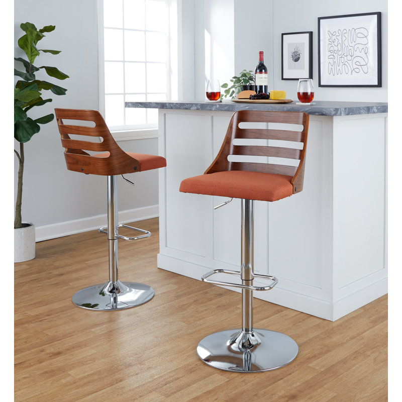 Adjustable Orange Upholstered Swivel Barstool with Wood Backrest