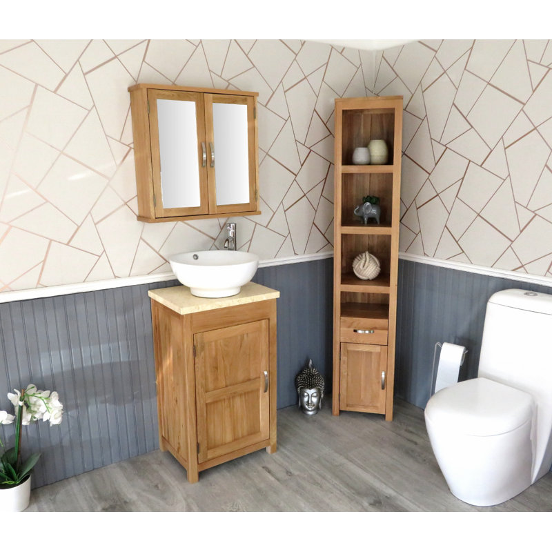Slimline Compact 515mm Free-standing Cloakroom Vanity Unit, Oak, Cream Marble