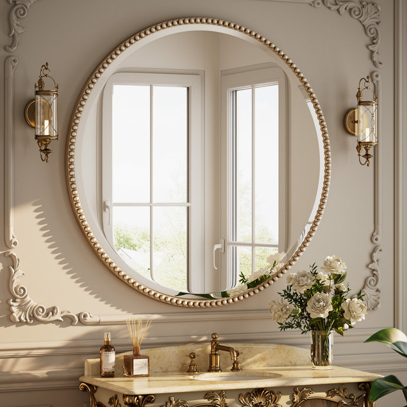 Beaded Round Wall Mirror Decorative Vanity Bathroom Mirror With Resin Frame, Silver, 32" H x 32" W