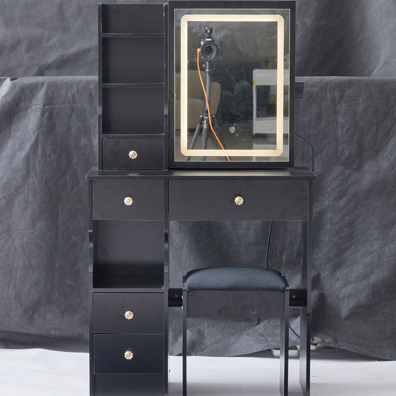 Table de coiffeuse 29,2 po, tiroir gauche, tabouret rembourré, miroir tricolore à luminosité réglable, petite table à tiroirs avec tabouret et miroir à DEL pour les chambres à capacité limitée