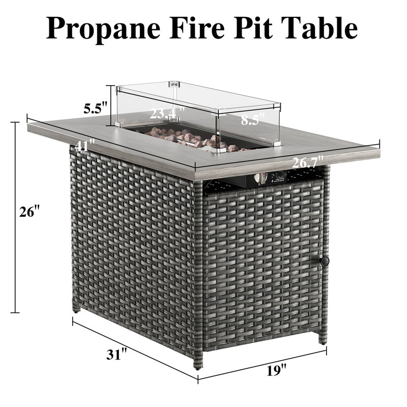 Foyer d'extérieur au propane en osier, table de foyer d'extérieur au gaz de 41 pouces avec grille en acier double tube de table de 50 000 BTU