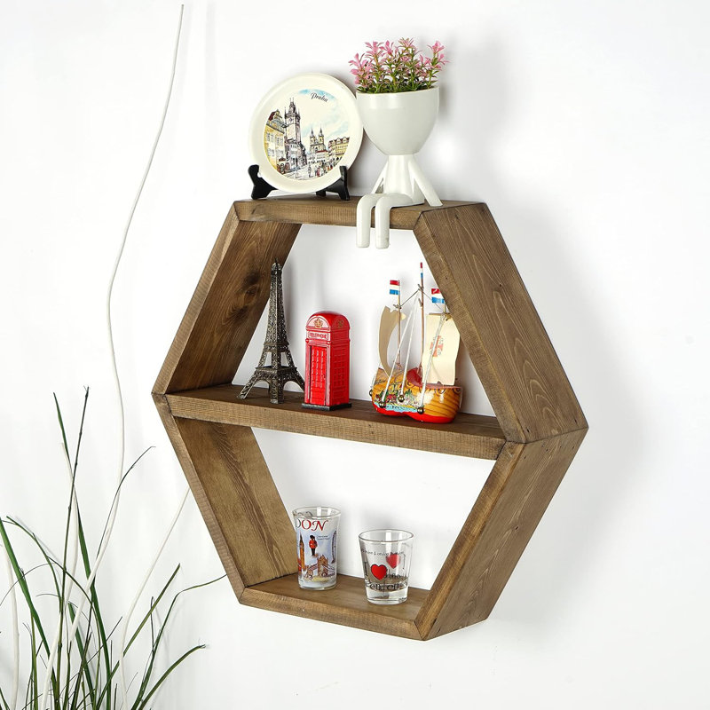 Hexagon Wall Shelves – Handmade Dark Walnut Farmhouse Wall Mounted Storage, Dark Brown Wood