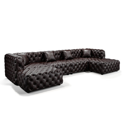 Ensemble de canapé moderne 134,4 po, canapé modulaire rembourré en similicuir 4 places avec conception touffetée à la main pure, 2 repose-pieds et 4 coussins, combinaison multiple pour le salon