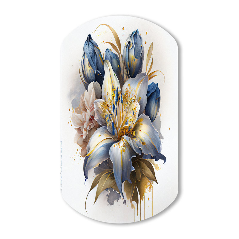 Art mural asymétrique en métal doré et bleu, H 31 po x l 19 po