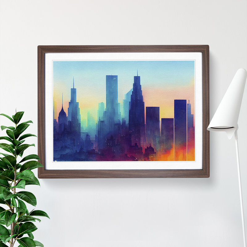 Watercolour City Skyline Vol.4 Abstract 1 Piece Single Picture Frame Painting, 34cm H x 46cm W x 2cm D, Walnut Framed