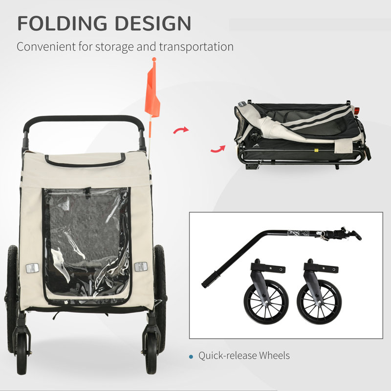 White Foldable Pet Bike Trailer and Stroller with Detachable Carrier