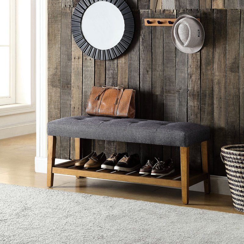 Banc de chambre gris avec design moderne et tablette de rangement - Améliore l'organisation