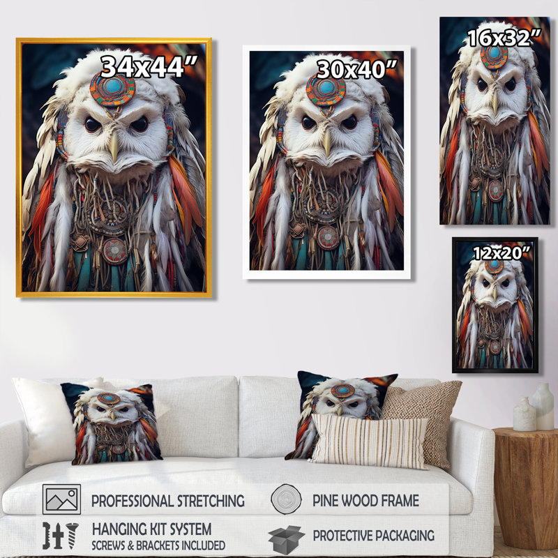 Chaman, chouette blanche, sagesse, hibou, art mural, salon, H 20 po x l 12 po, Toile flottante noire encadrée