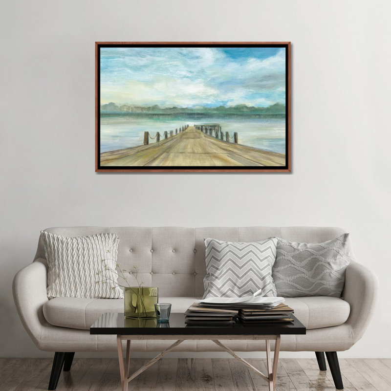 Lake Pier by Silvia Vassileva - Painting, No Mat, 32" H x 48" W x 1.5" D, Classic Wood Framed