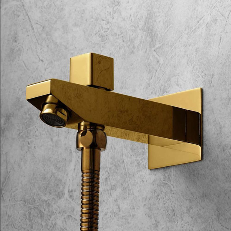 Molfetta Polished Gold Remote Controlled LED Thermostatic Recessed Ceiling Mount Rainfall Waterfall Mist Shower System with Hand Shower and Jetted Body Sprays