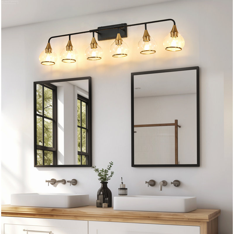 Éclairage pour meuble-lavabo 6 lumières Mid-Century moderne avec élégants globes en verre transparent noir mat et or