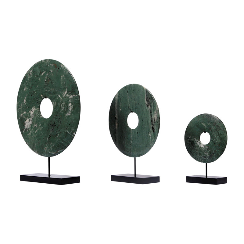 Jade Disk Sculpture with Base, Green, 16" H x 2" W x 12" D