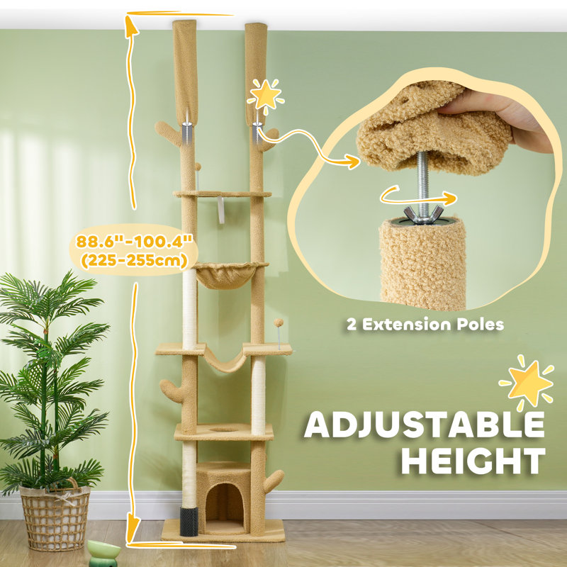 Arbre à chat de 89 à 100 po du sol au plafond avec poteaux à griffer, brun, Brun / Blanc