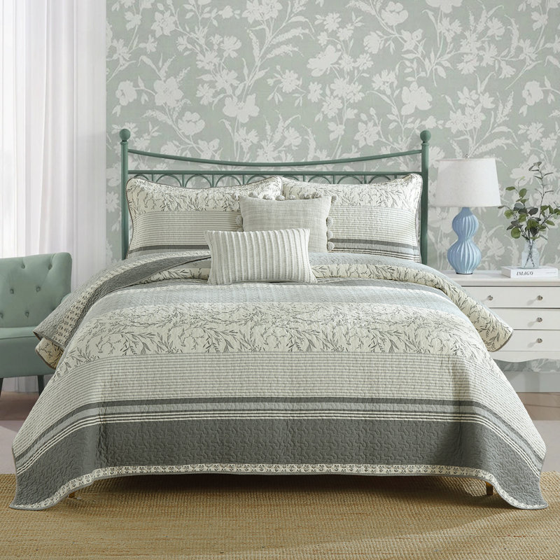 Ensemble de courtepointe en coton, Grand lit, Gris, blanc / rayé