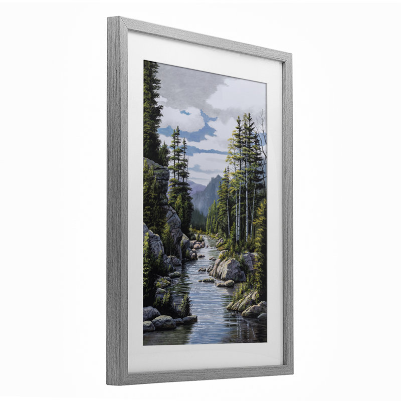 Alone In The Stream, reproduction sous verre encadrée, design par Bill Saunders, H 20 po x l 14 po, Cadre de ferme gris