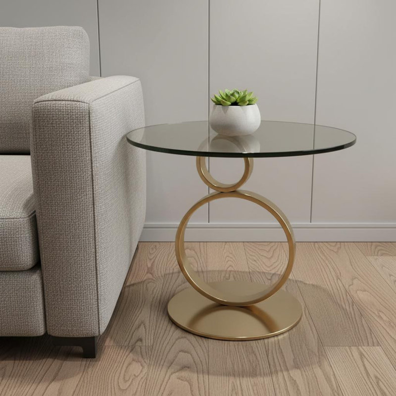  Table de bout contemporaine à piédestal en verre transparent et doré 21 po Contemporary